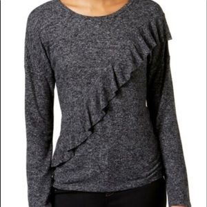 INC Grey Asymmetrical Ruffle Tee Long Sleeve NWT